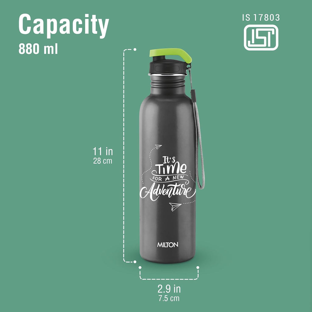 MILTON Marine 900 Stainless Steel Water Bottle, 2 Leakproof Lid, Single Walled, ISI Certified I For School, Office, Gym I 880 ml, Black