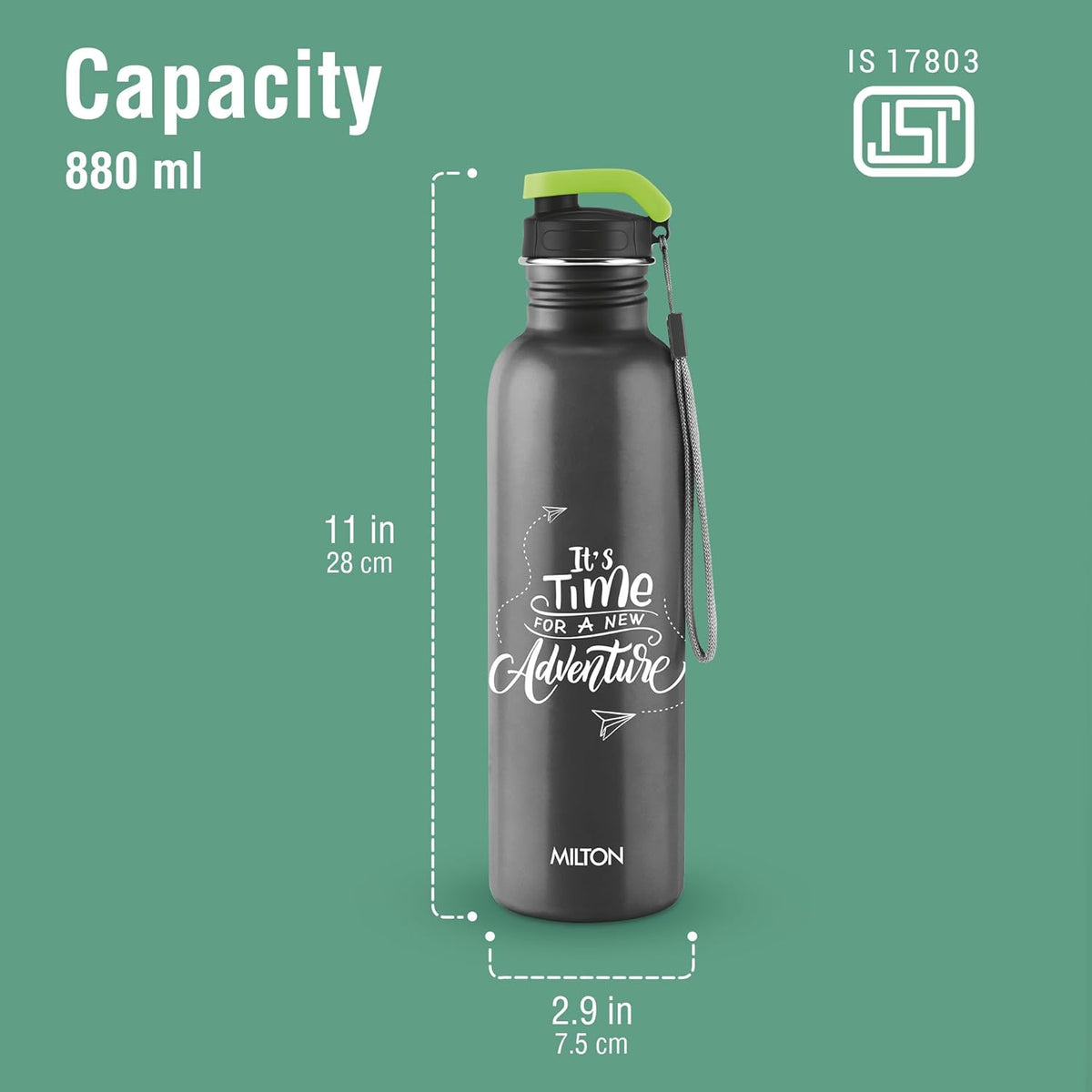 MILTON Marine 900 Stainless Steel Water Bottle, 2 Leakproof Lid, Single Walled, ISI Certified I For School, Office, Gym I 880 ml, Black