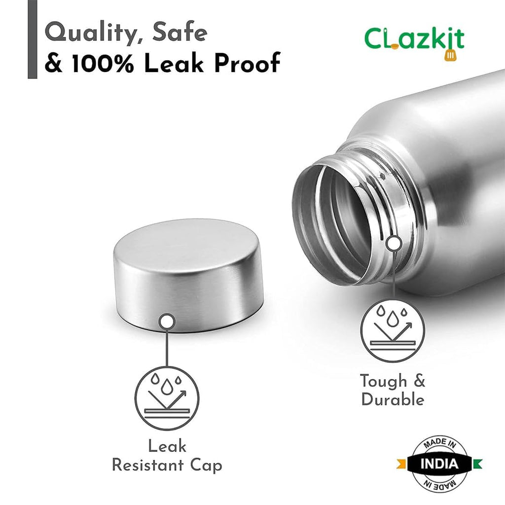 Clazkit Water Bottle Stainless Steel Sports/Fridge Bottle with Leak Proof Lid | Single Wall | For Home, Office, Gym, Travelling | Lightweight | BPA Free | 1000ml | Silver)