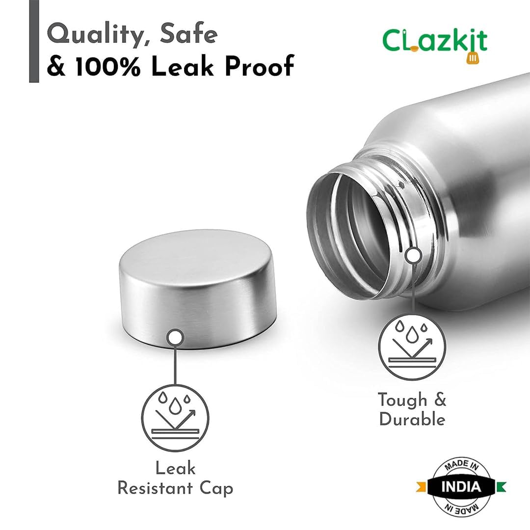 Clazkit Water Bottle Stainless Steel Sports/Fridge Bottle with Leak Proof Lid | Single Wall | For Home, Office, Gym, Travelling | Lightweight | BPA Free | 1000ml | Silver)