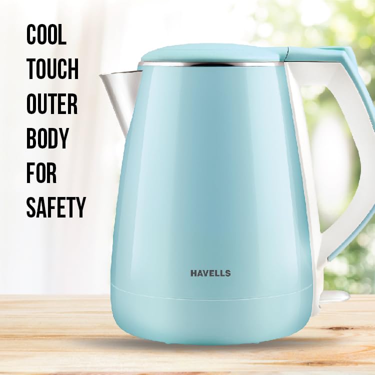 Havells Aqua Plus Electric Kettle 1.2 Litre, 1250 Watt | 304 Stainless Steel Inner Body | Cool Touch Body | Auto Shut-Off |Wider Mouth|2 Years Door Step Warranty by Havells (Blue)