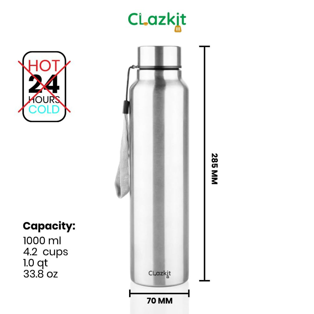 Clazkit Water Bottle Stainless Steel Sports/Fridge Bottle with Leak Proof Lid | Single Wall | For Home, Office, Gym, Travelling | Lightweight | BPA Free | 1000ml | Silver)