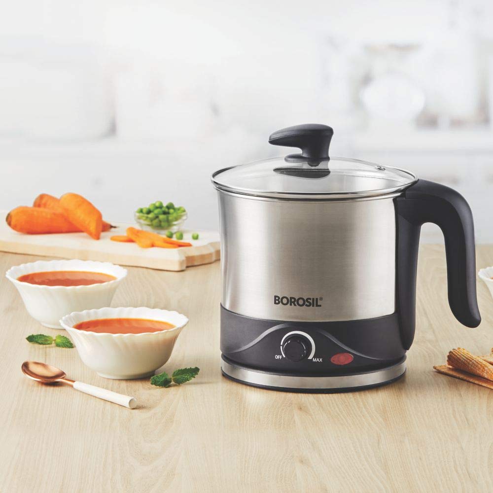 Borosil 1.5L Omni Stainless Steel Electric Kettle | Made in India | Can Boil upto 7 Eggs | Temperature Control Knob, Overheat Protection | 360° Rotating Base | Auto Cut-Off | 1 Year Warranty