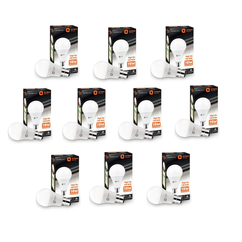 Orient Electric High Glo LED Bulb 18W, B22d cap, 6500K (Pack of 10)
