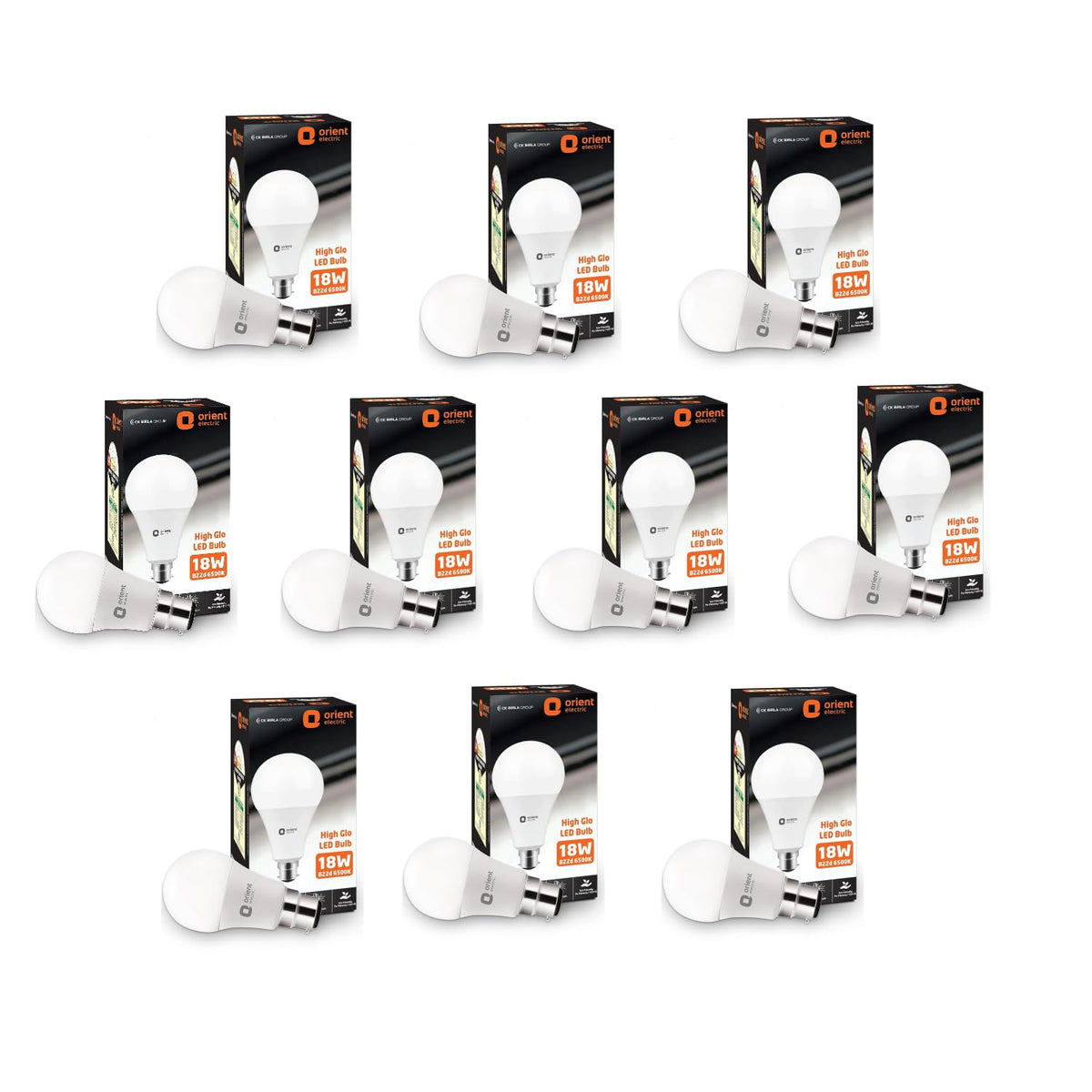 Orient Electric High Glo LED Bulb 18W, B22d cap, 6500K (Pack of 10)