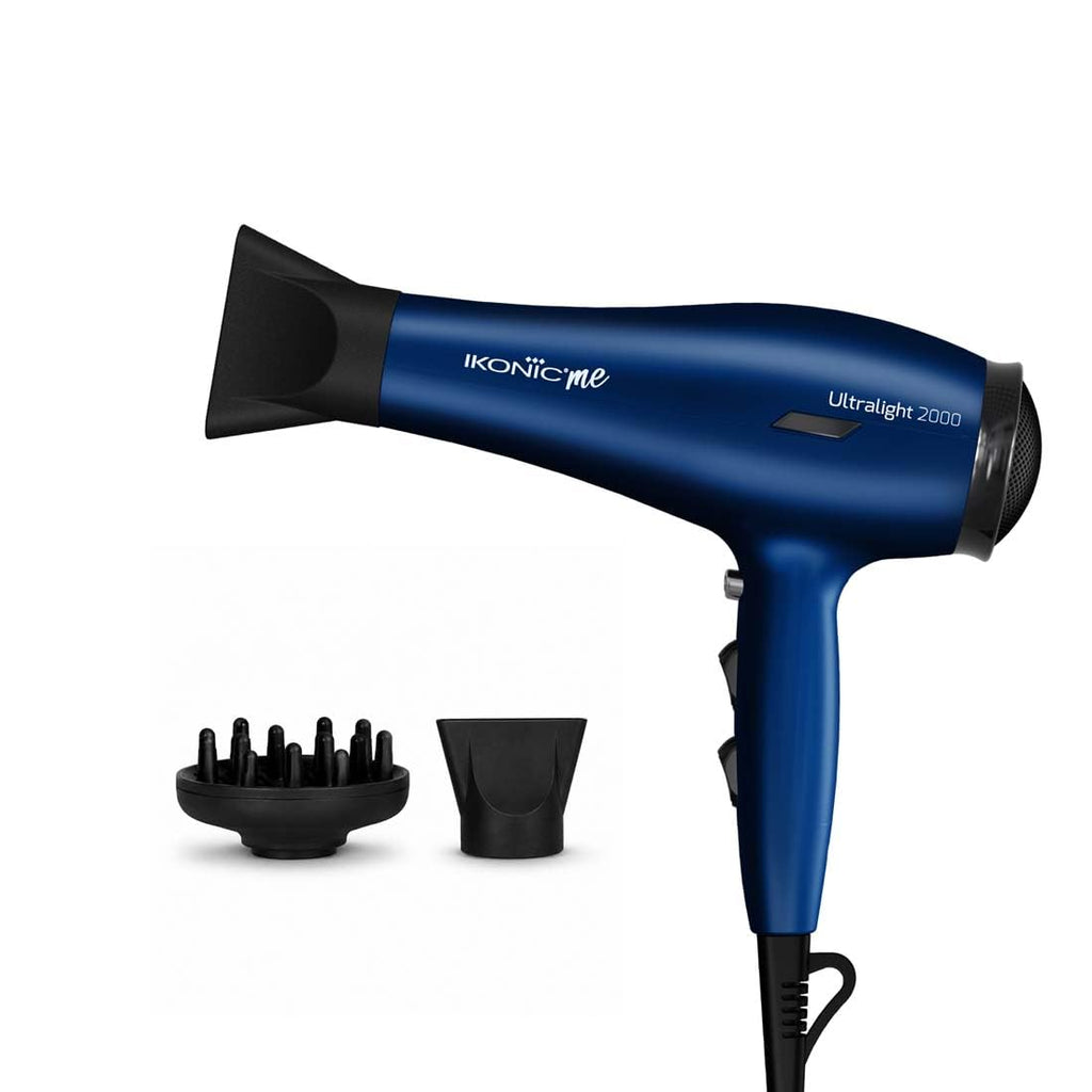 Ikonic Me Ultralight Professional Hair Dryer 2000 Watts With Nozzle, Diffuser, Hot And Cold Air Feauture, 2 Speed 3 Heat Settings With Cool Shot, Hanging Loop, For Both Men And Women, Suitable For All Hair Types, 1 Yr Warranty, Blue