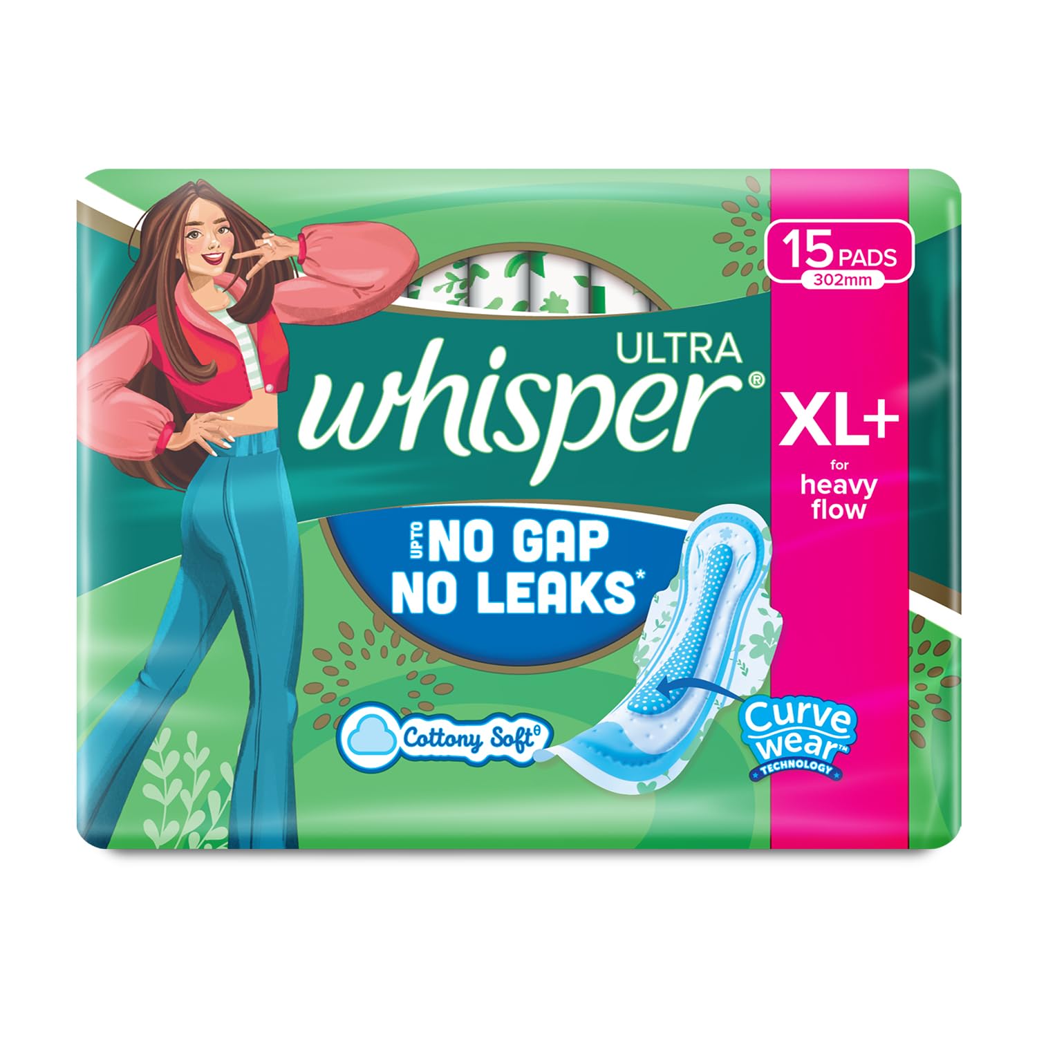 Whisper Ultra Upto No Gap No Leaks* Sanitary Pads, 15 XL+ Pads