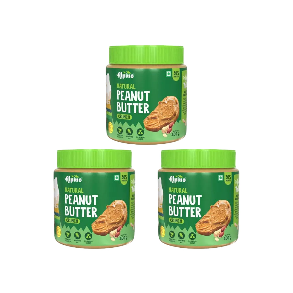 ALPINO Natural Peanut Butter Crunch 400g - 100% Roasted Peanuts - 30g (Pack of 3)