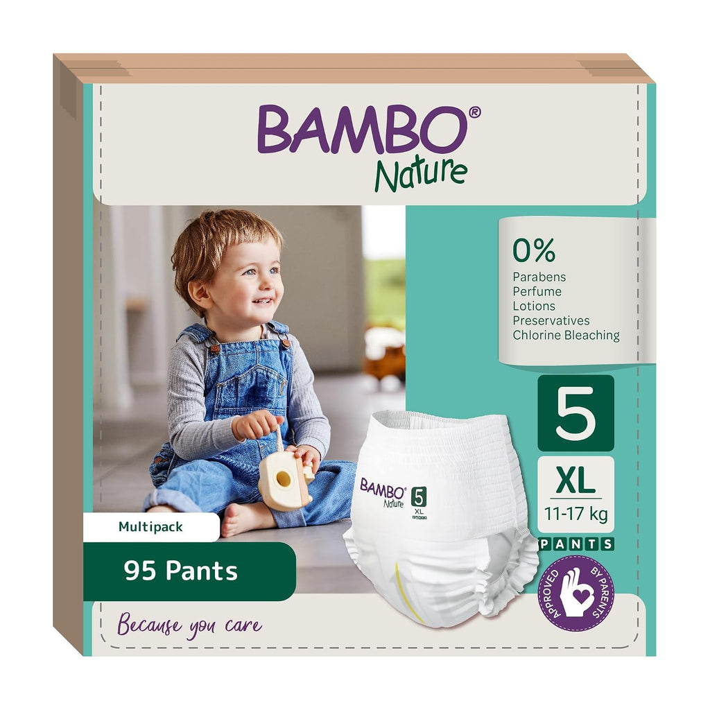 Bambo Nature Premium Baby Pants Diapers for Kids XL Size (11-17 Kgs), Super Absorbent, Breathable, Extra Soft, Dermatologically Tested, Hypoallergenic Nappies With Wetness Indicator, 95 Count