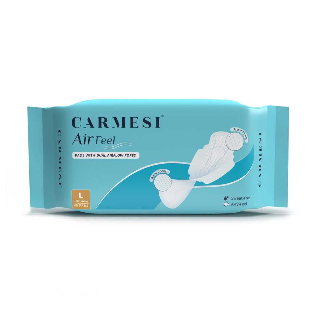 Carmesi Air Feel Sanitary Pads With Dual Airflow Pores - 40 Large Pads | Airy, Dry, Sweat-Free, Rash-Free & Comfy | Soft, Lightweight & Ultra-Thin | Super-Absorbent Core | Non-Toxic