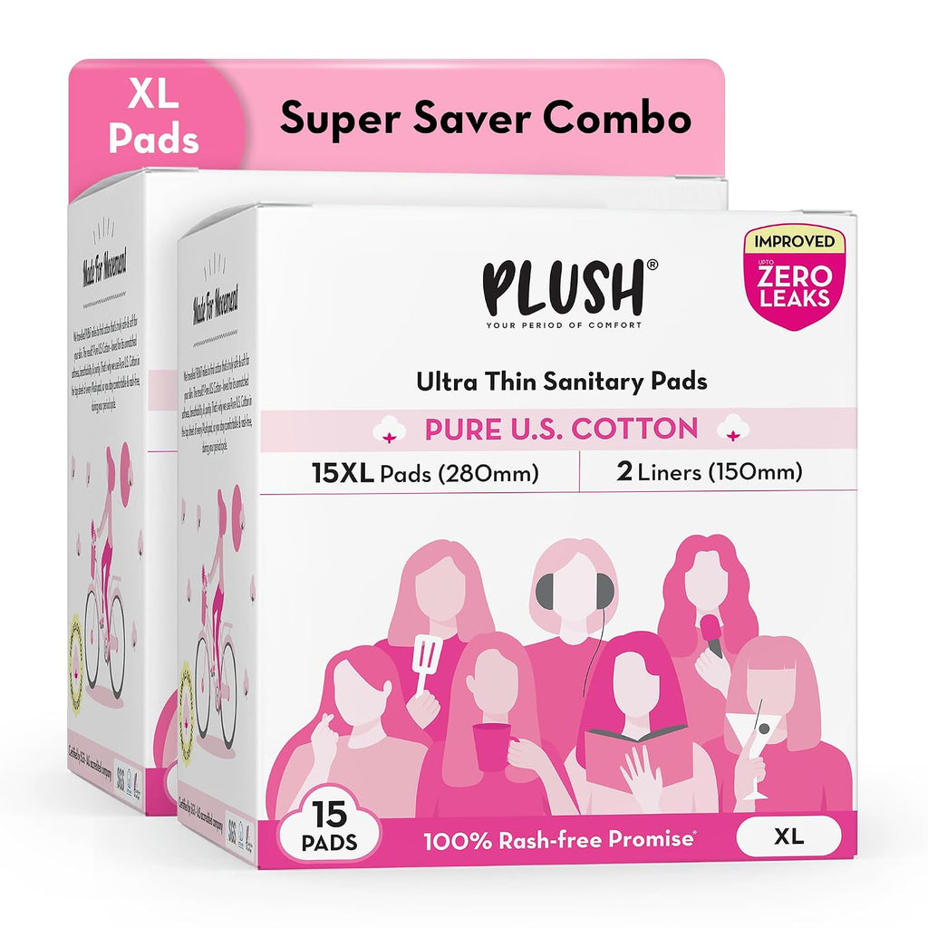 Plush Ultra-Thin Sanitary Pads for Women XL, 15 Pcs (Pack of 2) | For Light-Medium Flow | 4 Panty Liners | Rash-Free | Pure U.S. Cotton