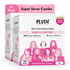 Plush Ultra-Thin Sanitary Pads for Women XL, 15 Pcs (Pack of 2) | For Light-Medium Flow | 4 Panty Liners | Rash-Free | Pure U.S. Cotton