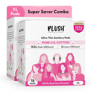 Plush Ultra-Thin Sanitary Pads for Women XL, 15 Pcs (Pack of 2) | For Light-Medium Flow | 4 Panty Liners | Rash-Free | Pure U.S. Cotton