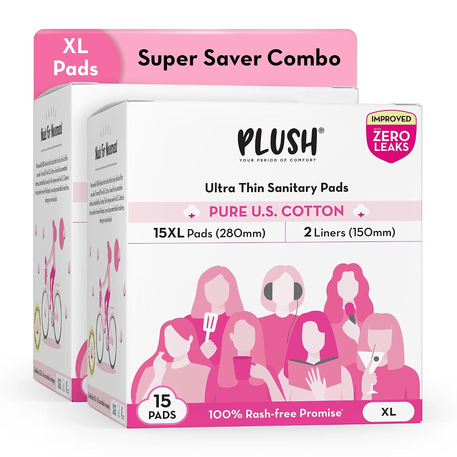 Plush Ultra-Thin Sanitary Pads for Women XL, 15 Pcs (Pack of 2) | For Light-Medium Flow | 4 Panty Liners | Rash-Free | Pure U.S. Cotton