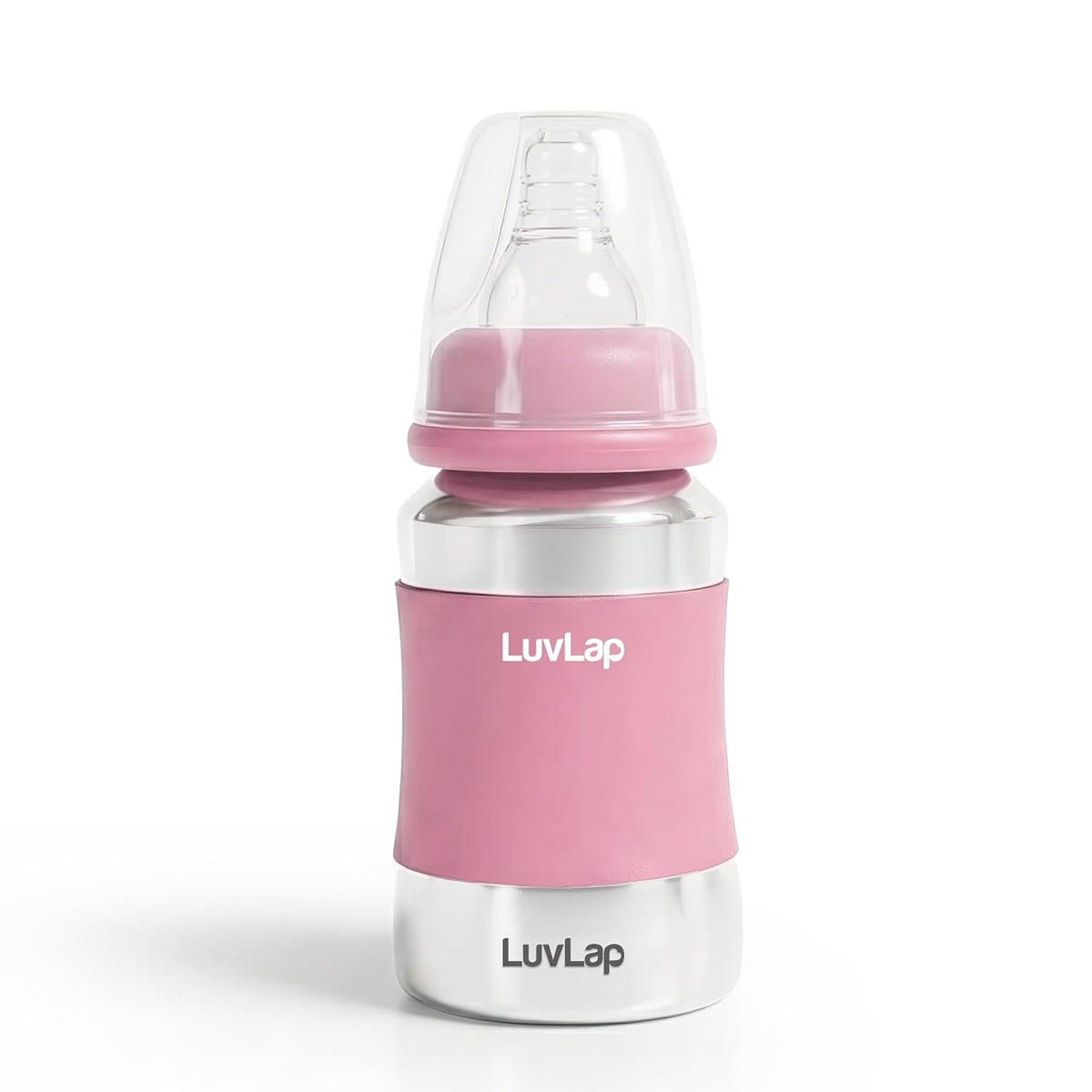 LuvLap Baby Steel Feeding Bottle 140ml, Made of SS304 Rust Free Steel, Baby Milk/Water Bottle with Dust Cover, Heat Protective Silicone Cover, BPA Free, Odour Free, Leak Proof, Pink, 0M+