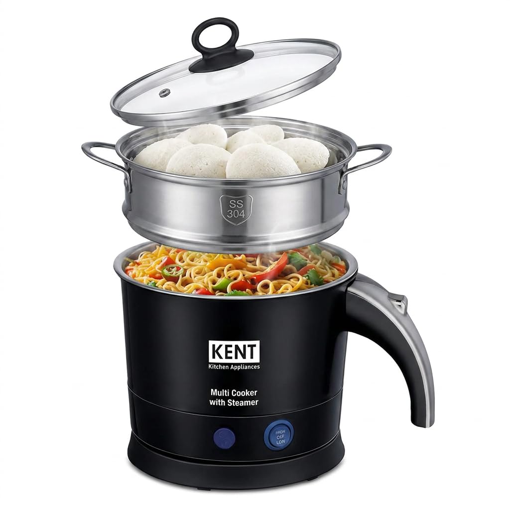 KENT Electric Multicooker/Kettle with Steamer 1.2L 800W | Boiling of Water, Tea,Eggs, Instant Noodle Maker, Steaming idlis, Momos & Vegetables | Inner Stainless Steel & Cool Touch Outer Body | Black