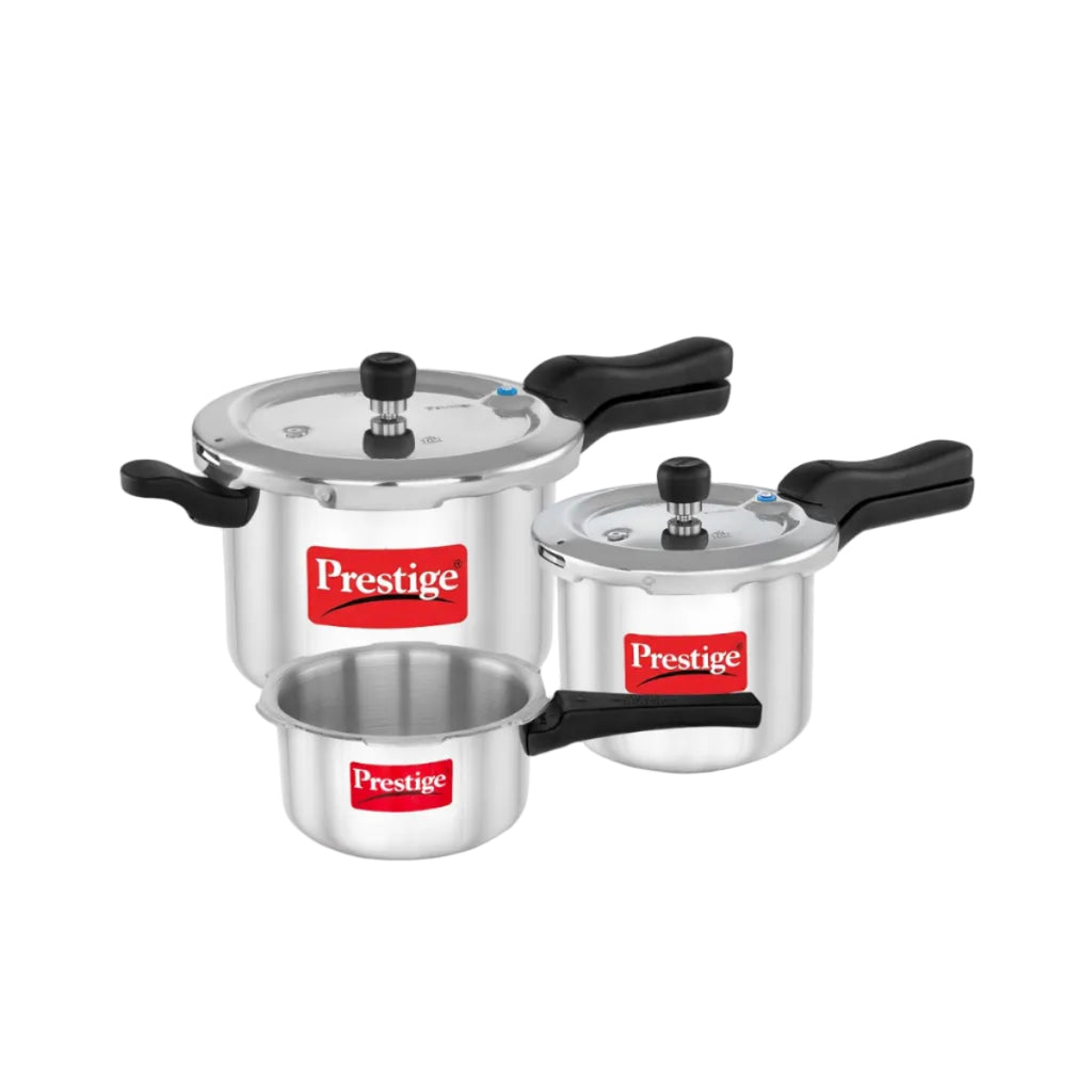 Prestige 2 Litre + 3 Litre + 5 Litre Aluminium Svachh Outer Lid Pressure Cooker Combo with 2 Lids | Deep Lid for Spillage Control | Gas & Induction Compatible | Gasket Release Sys | 5Y Warranty
