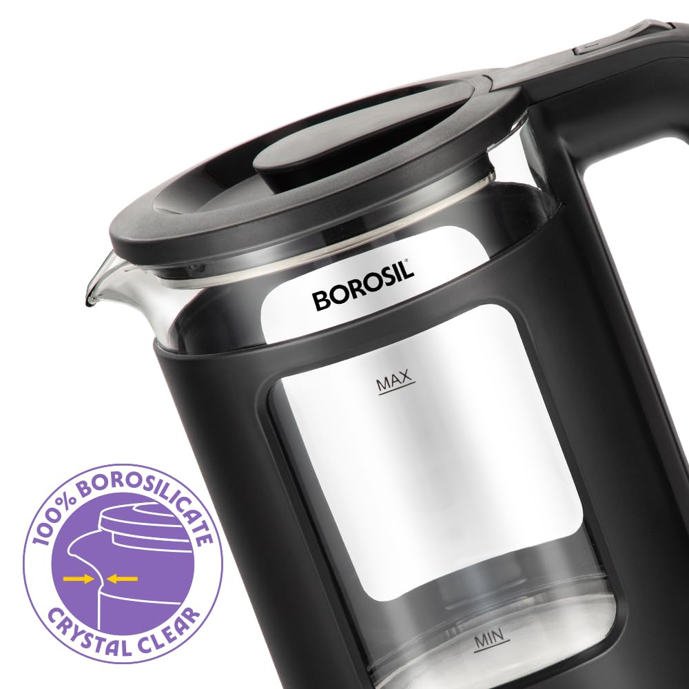 Borosil 1380 W Cooltouch 1.5L Electric Glass Kettle | Borosilicate Glass Body with Blue LED | Cool Touch Exterior | Auto Shut Off | 360° Base | 2 Year Warranty