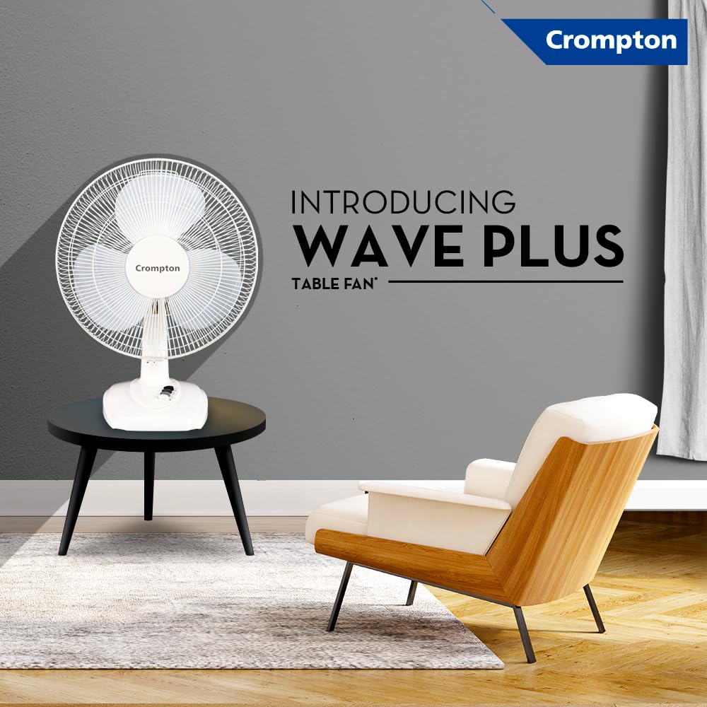 Crompton Wave Plus 400 mm Table Fan | Adjustable Height | Smooth Oscillation | Superior Air Delivery | 2 Year Warranty | White