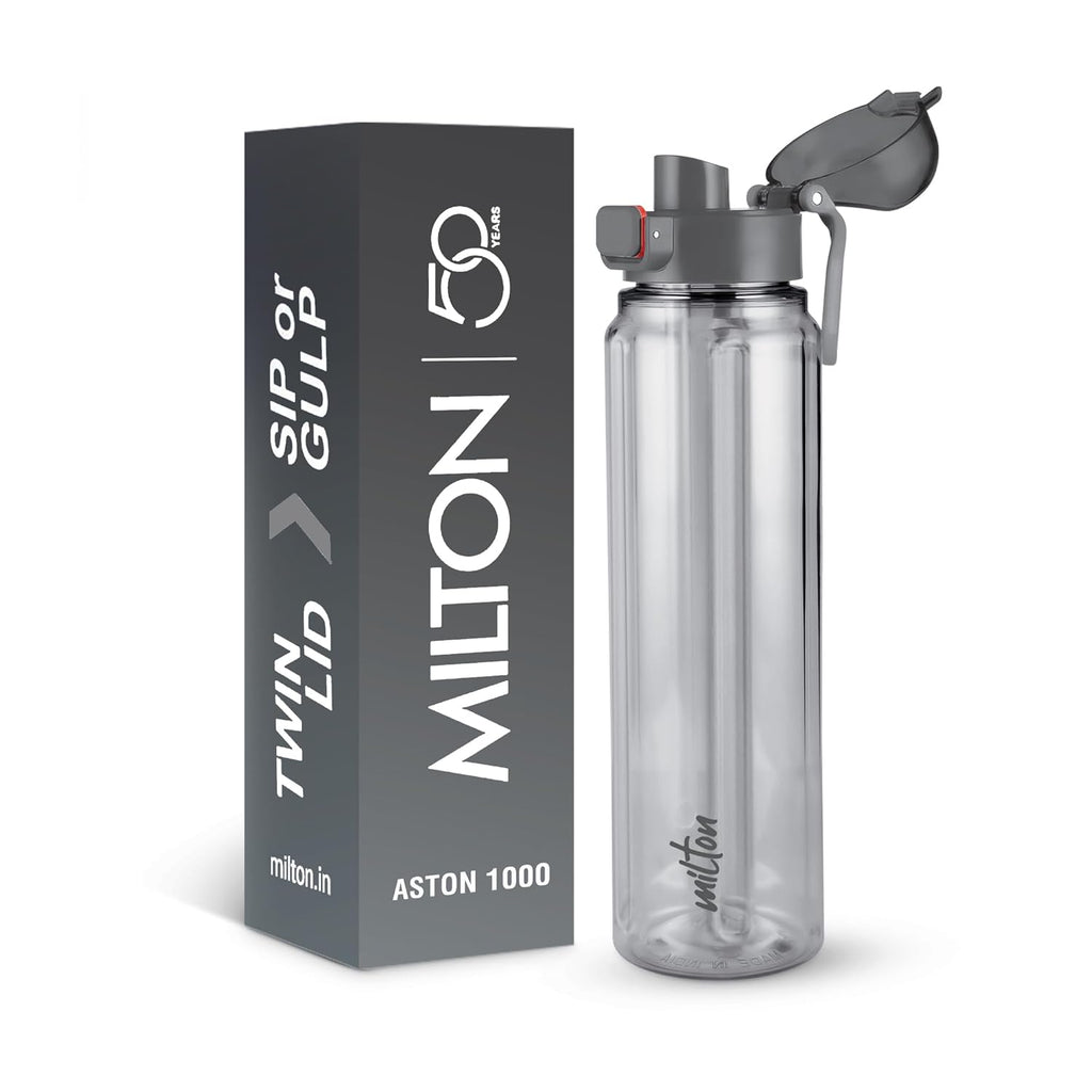 MILTON Aston 1000 BPA & BPS-Free Water Bottle 1 ltr | Food-Grade Plastic | One-Click Open | Leak-Proof | Sip & Gulp Lid I Ideal for Office, School, College, Gym, Grey