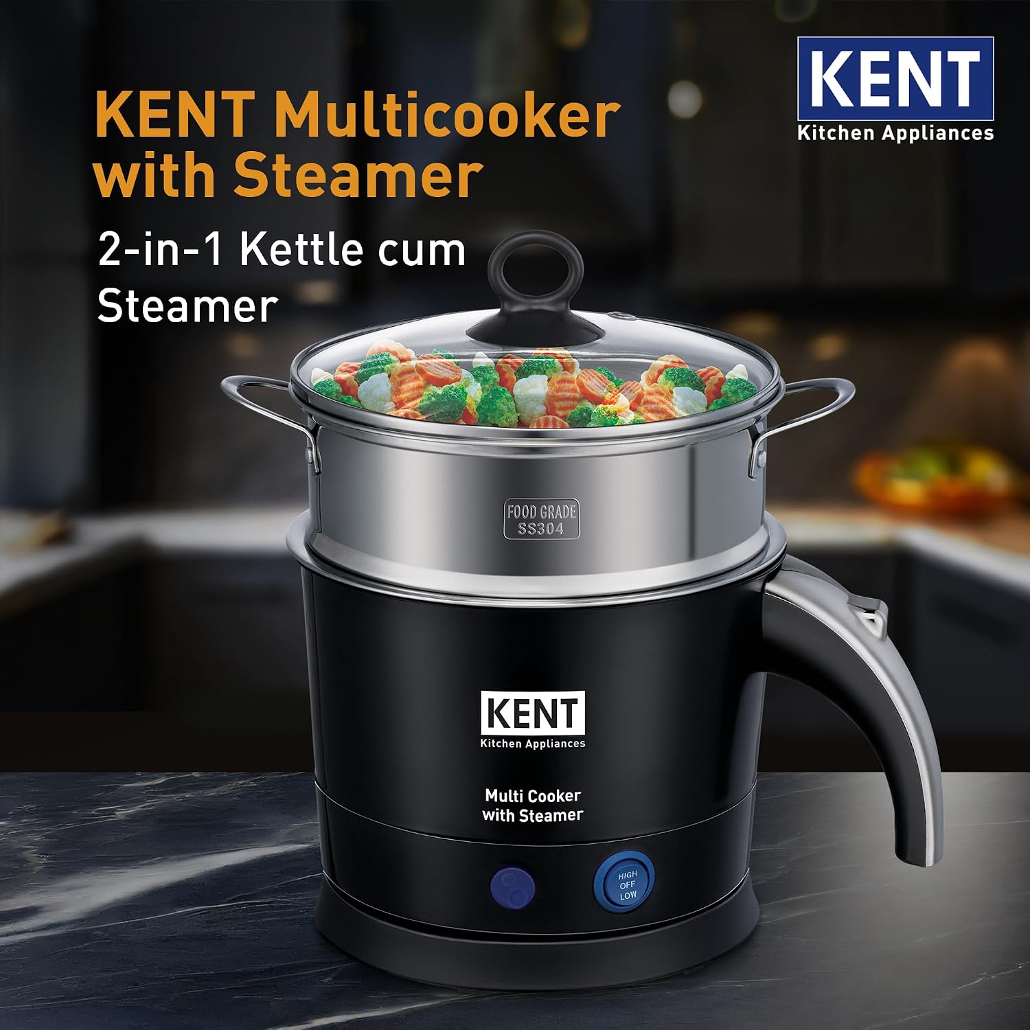KENT Electric Multicooker/Kettle with Steamer 1.2L 800W | Boiling of Water, Tea,Eggs, Instant Noodle Maker, Steaming idlis, Momos & Vegetables | Inner Stainless Steel & Cool Touch Outer Body | Black