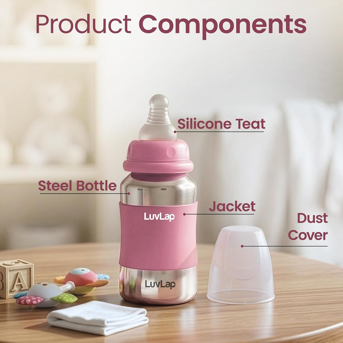 LuvLap Baby Steel Feeding Bottle 140ml, Made of SS304 Rust Free Steel, Baby Milk/Water Bottle with Dust Cover, Heat Protective Silicone Cover, BPA Free, Odour Free, Leak Proof, Pink, 0M+