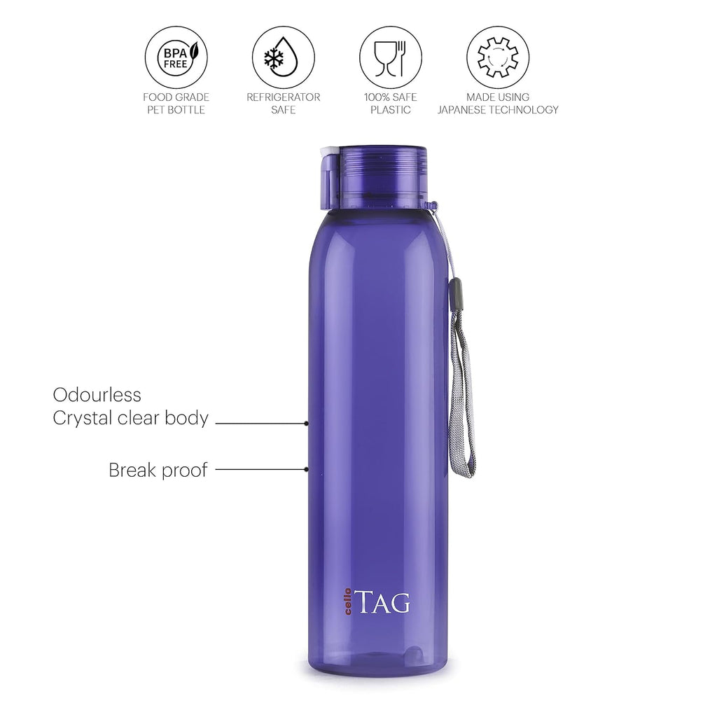 CELLO My Tag PET Water Bottle | 100% food grade | Leak proof and Break proof | Set of 3-1000ml | Violet