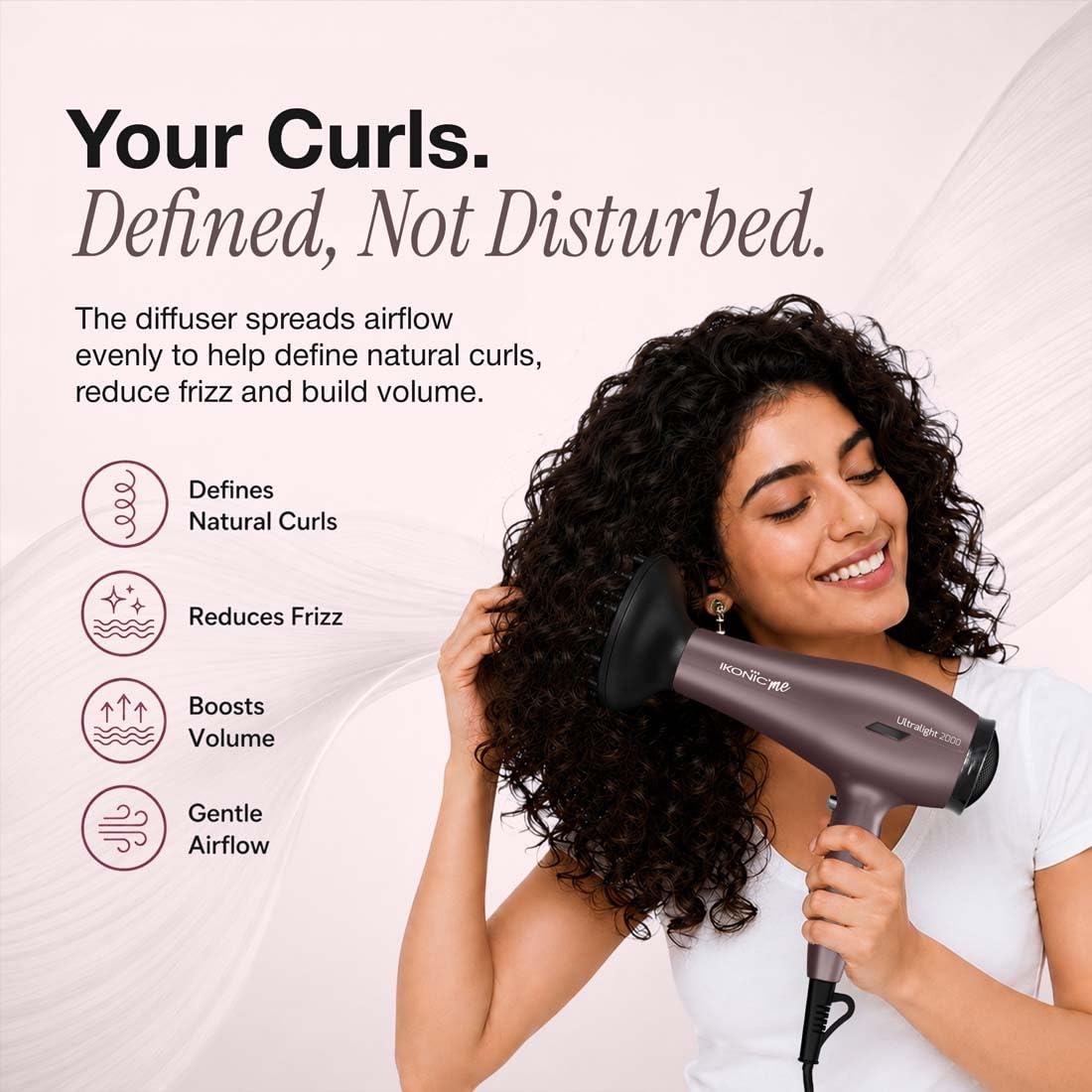 Ikonic Me Ultralight Professional Hair Dryer 2000 Watts With Nozzle, Diffuser, Hot And Cold Air Feauture, 2 Speed 3 Heat Settings With Cool Shot, Hanging Loop, For Both Men And Women, Suitable For All Hair Types, 1 Yr Warranty, Mauve