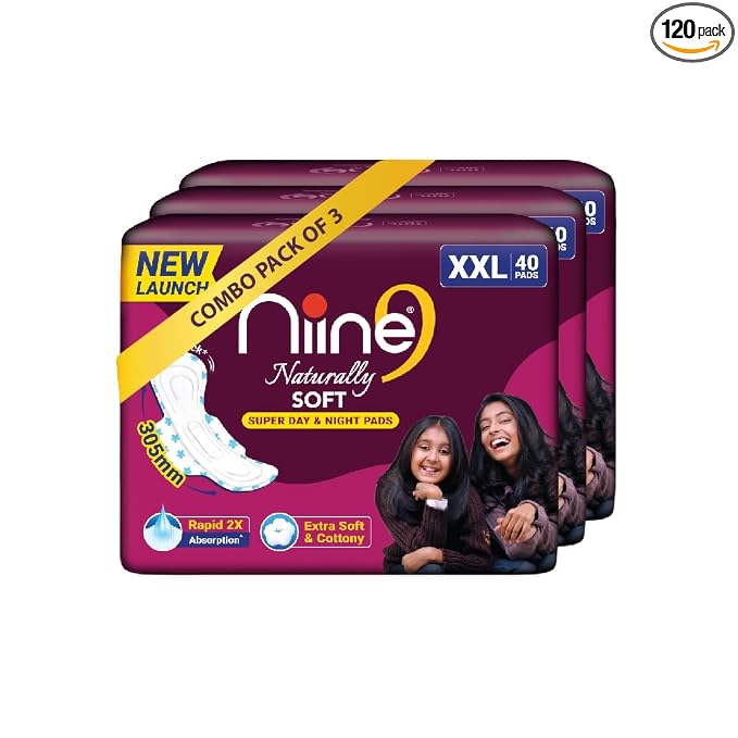 Niine Naturally Soft XXL Extra Soft & Cottony Sanitary Pads for Women | 305mm Long | 120 Pads, Pack of 3 | Super Day & Night Pads | Rapid 2X Absorption