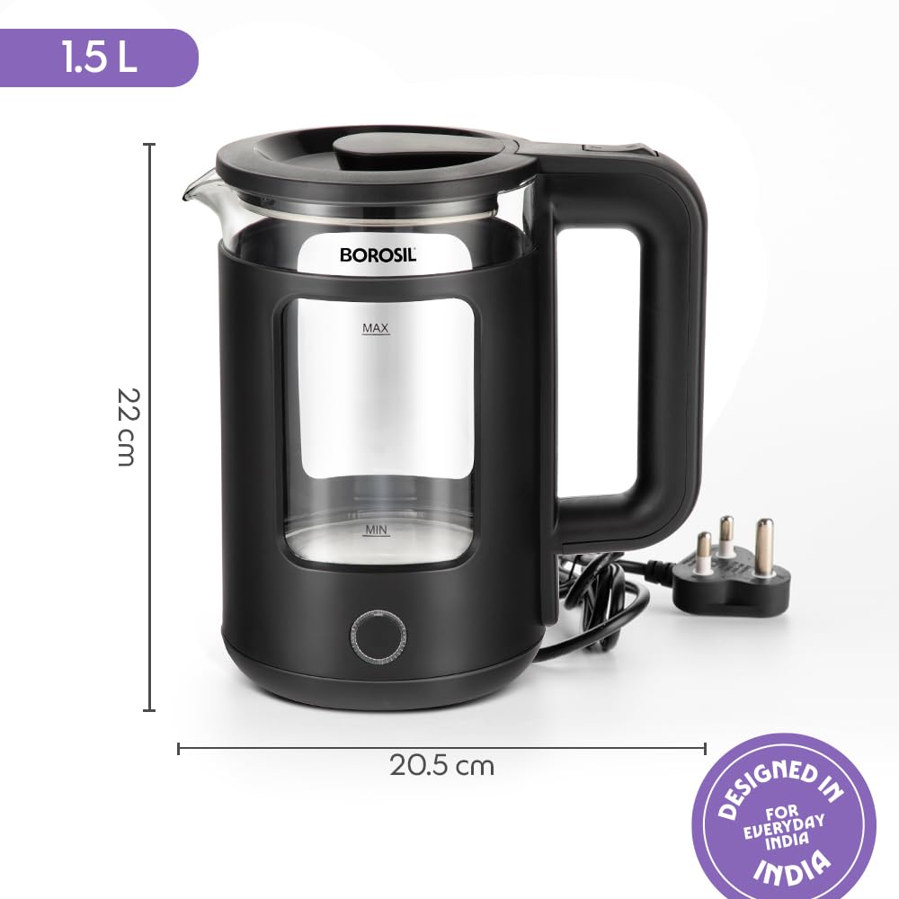Borosil 1380 W Cooltouch 1.5L Electric Glass Kettle | Borosilicate Glass Body with Blue LED | Cool Touch Exterior | Auto Shut Off | 360° Base | 2 Year Warranty