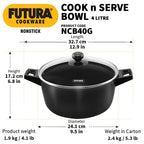 Hawkins Futura 4 Litre Cook N Serve Bowl, Non Stick Saucepan with Glass Lid, Sauce Pan for Cooking and Serving, Black (Ncb40G), 4 Liter