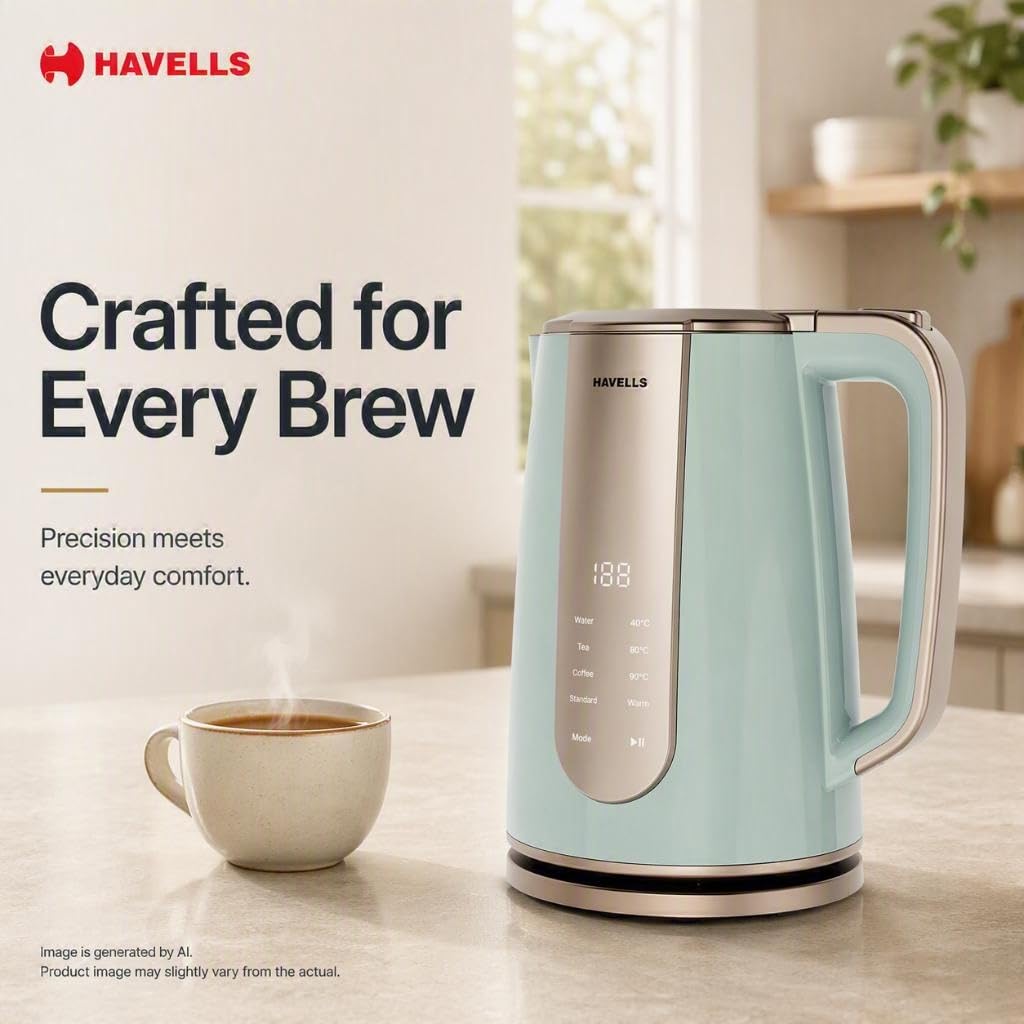 Havells CRAFT Kettle | OptiHeat Tech for Custom Temperature Setting | Real Time Temperature Display |12 Hour Keep Warm Function | Strix Controller for 5x Lifespan | 3x Safety Protection (Blue & Gold)