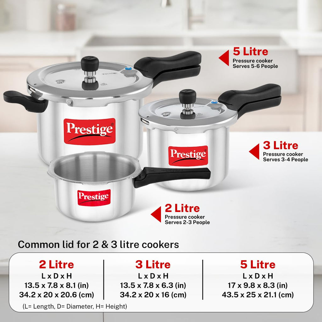 Prestige 2 Litre + 3 Litre + 5 Litre Aluminium Svachh Outer Lid Pressure Cooker Combo with 2 Lids | Deep Lid for Spillage Control | Gas & Induction Compatible | Gasket Release Sys | 5Y Warranty