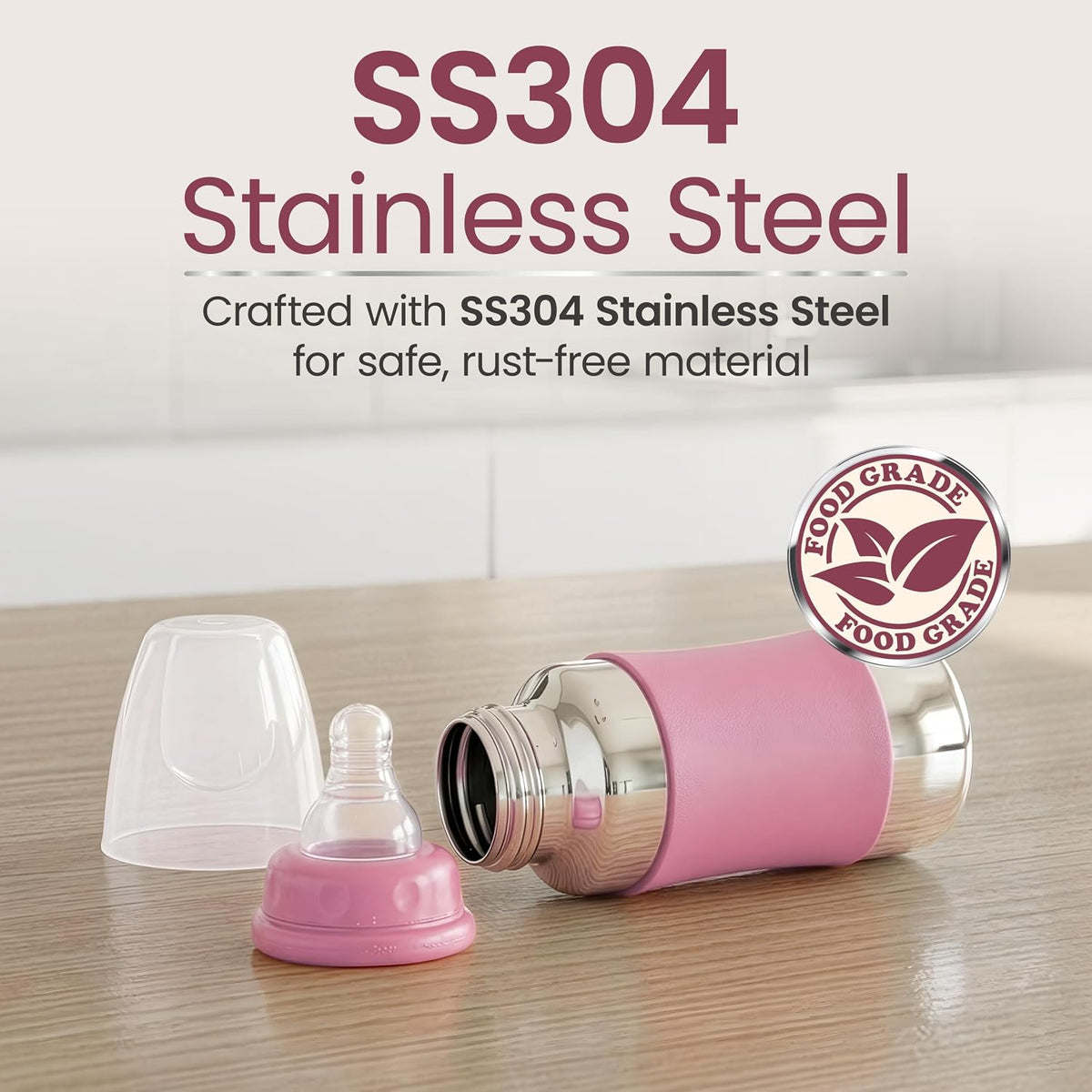 LuvLap Baby Steel Feeding Bottle 140ml, Made of SS304 Rust Free Steel, Baby Milk/Water Bottle with Dust Cover, Heat Protective Silicone Cover, BPA Free, Odour Free, Leak Proof, Pink, 0M+