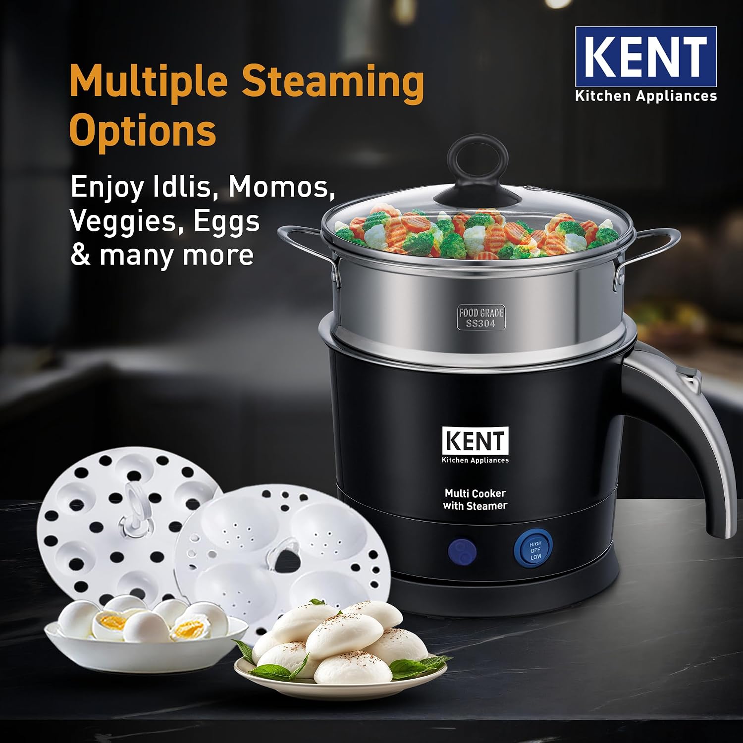 KENT Electric Multicooker/Kettle with Steamer 1.2L 800W | Boiling of Water, Tea,Eggs, Instant Noodle Maker, Steaming idlis, Momos & Vegetables | Inner Stainless Steel & Cool Touch Outer Body | Black