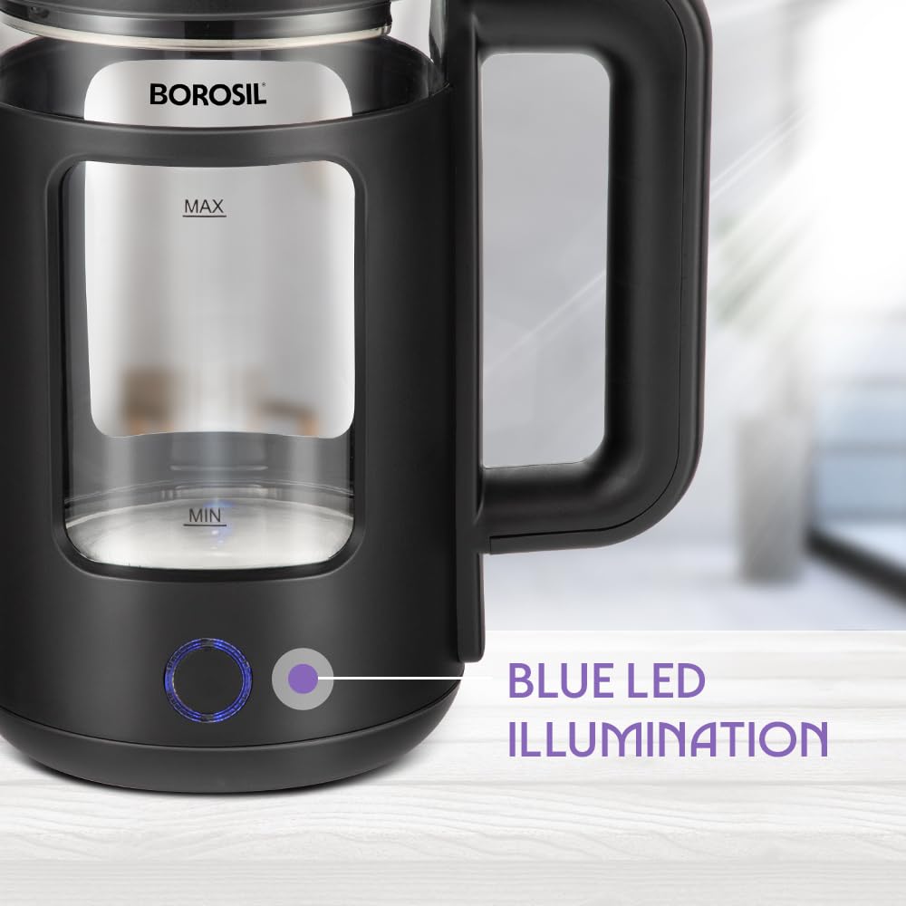 Borosil 1380 W Cooltouch 1.5L Electric Glass Kettle | Borosilicate Glass Body with Blue LED | Cool Touch Exterior | Auto Shut Off | 360° Base | 2 Year Warranty