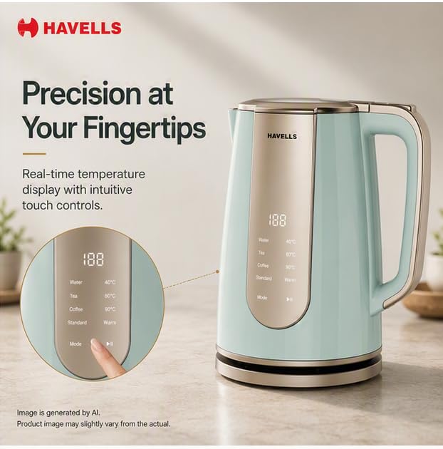 Havells CRAFT Kettle | OptiHeat Tech for Custom Temperature Setting | Real Time Temperature Display |12 Hour Keep Warm Function | Strix Controller for 5x Lifespan | 3x Safety Protection (Blue & Gold)