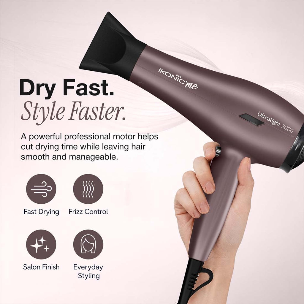 Ikonic Me Ultralight Professional Hair Dryer 2000 Watts With Nozzle, Diffuser, Hot And Cold Air Feauture, 2 Speed 3 Heat Settings With Cool Shot, Hanging Loop, For Both Men And Women, Suitable For All Hair Types, 1 Yr Warranty, Mauve