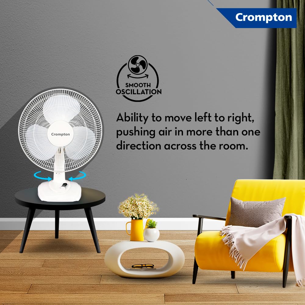 Crompton Wave Plus 400 mm Table Fan | Adjustable Height | Smooth Oscillation | Superior Air Delivery | 2 Year Warranty | White
