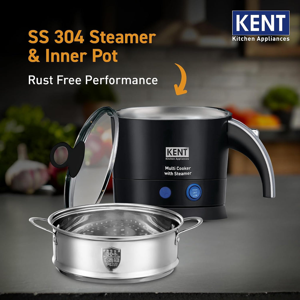 KENT Electric Multicooker/Kettle with Steamer 1.2L 800W | Boiling of Water, Tea,Eggs, Instant Noodle Maker, Steaming idlis, Momos & Vegetables | Inner Stainless Steel & Cool Touch Outer Body | Black