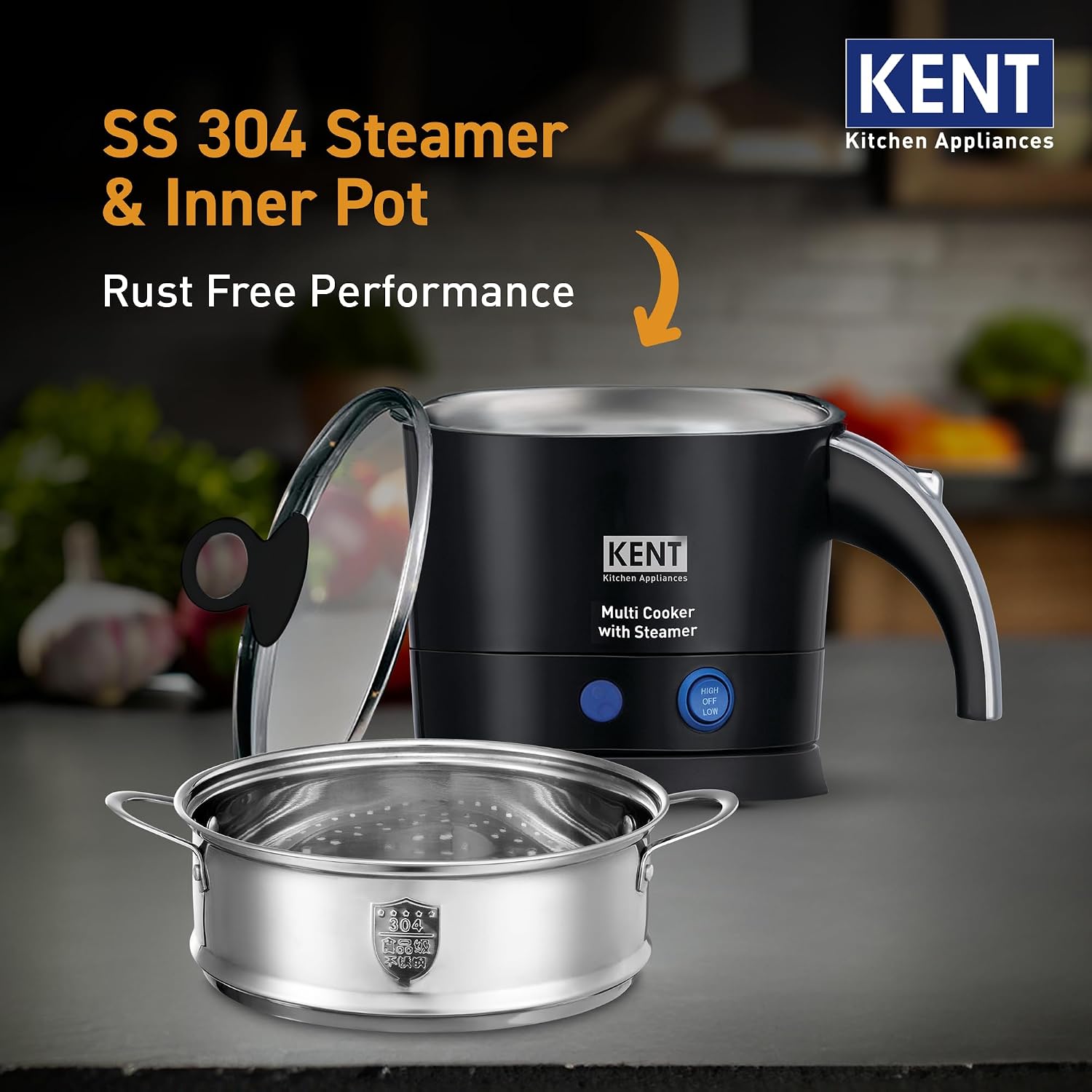 KENT Electric Multicooker/Kettle with Steamer 1.2L 800W | Boiling of Water, Tea,Eggs, Instant Noodle Maker, Steaming idlis, Momos & Vegetables | Inner Stainless Steel & Cool Touch Outer Body | Black