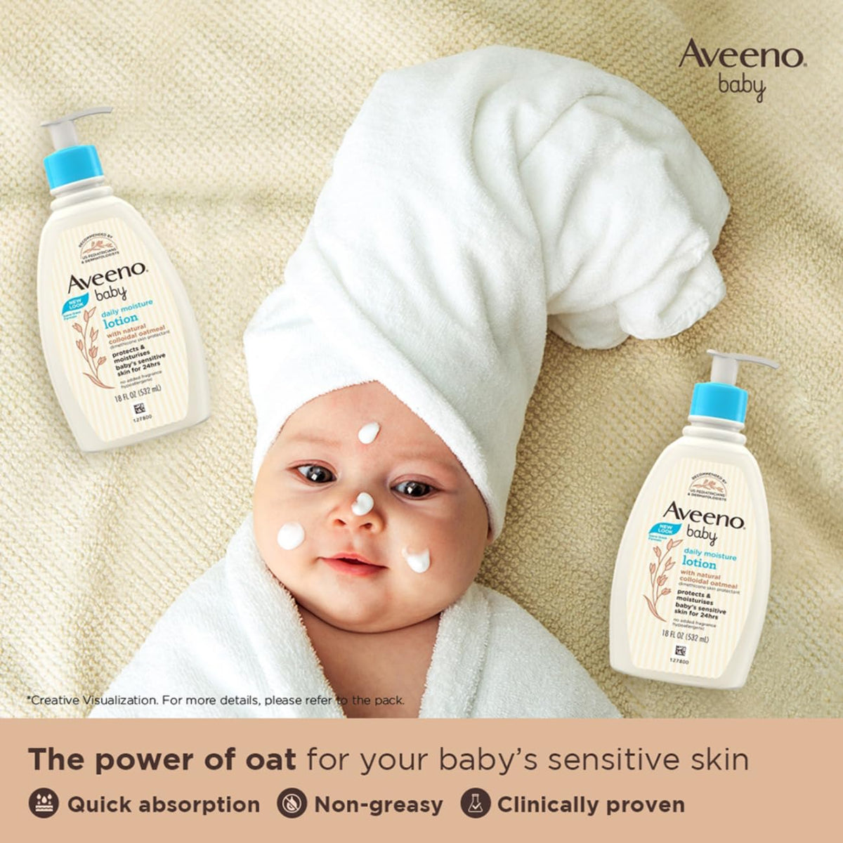Aveeno Baby Daily Moisturizing Body Lotion | 24 Hour Protection for Sensitive Skin | Active Natural Oats Formula |Paraben Free, Fragrance Free | US Pediatrician Recommended, 532ml