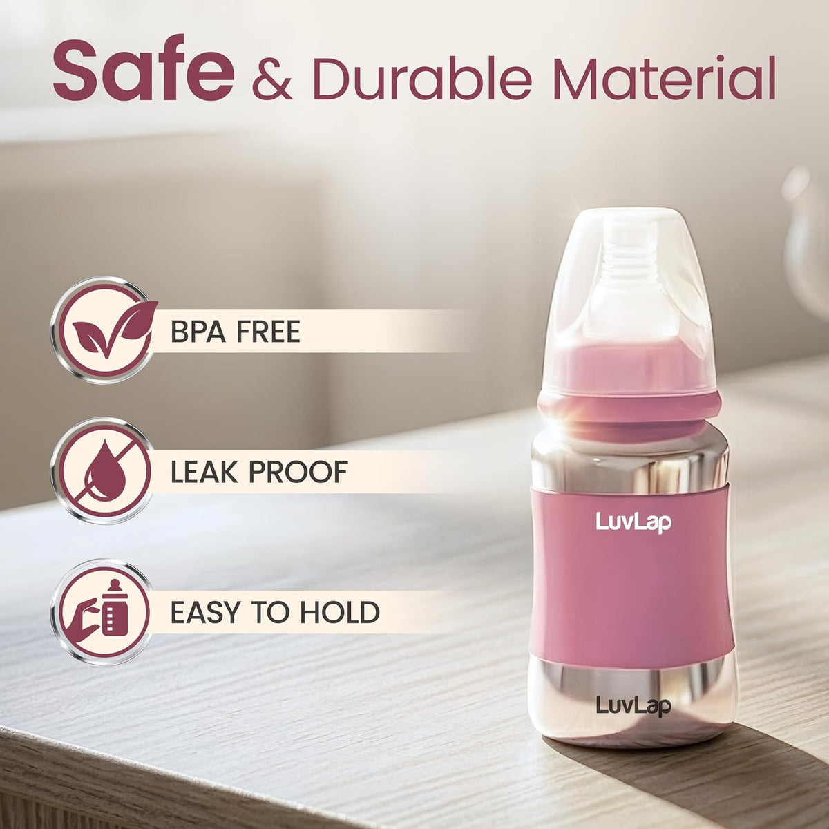 LuvLap Baby Steel Feeding Bottle 140ml, Made of SS304 Rust Free Steel, Baby Milk/Water Bottle with Dust Cover, Heat Protective Silicone Cover, BPA Free, Odour Free, Leak Proof, Pink, 0M+