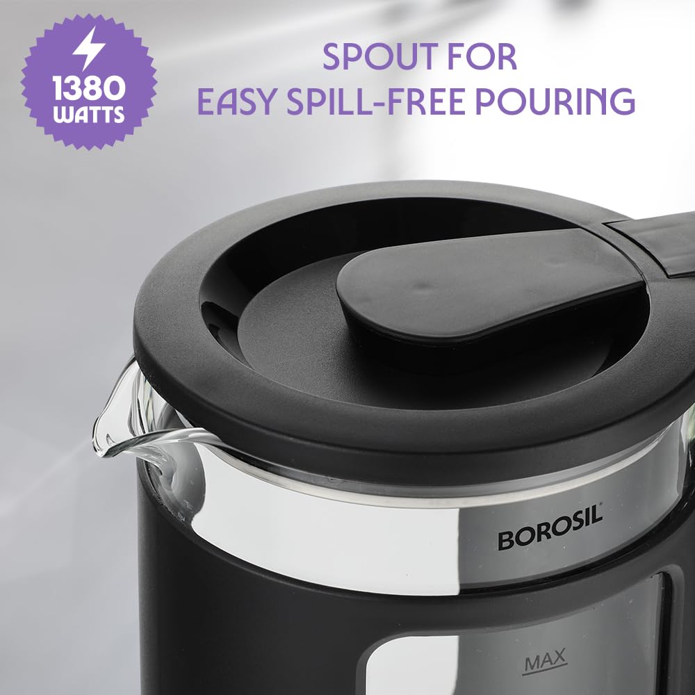 Borosil 1380 W Cooltouch 1.5L Electric Glass Kettle | Borosilicate Glass Body with Blue LED | Cool Touch Exterior | Auto Shut Off | 360° Base | 2 Year Warranty