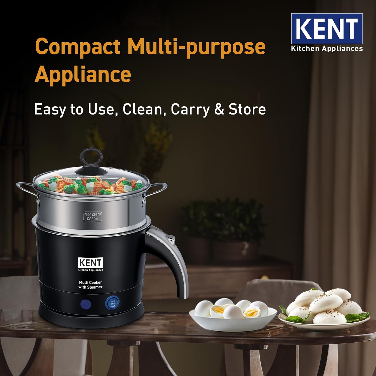 KENT Electric Multicooker/Kettle with Steamer 1.2L 800W | Boiling of Water, Tea,Eggs, Instant Noodle Maker, Steaming idlis, Momos & Vegetables | Inner Stainless Steel & Cool Touch Outer Body | Black