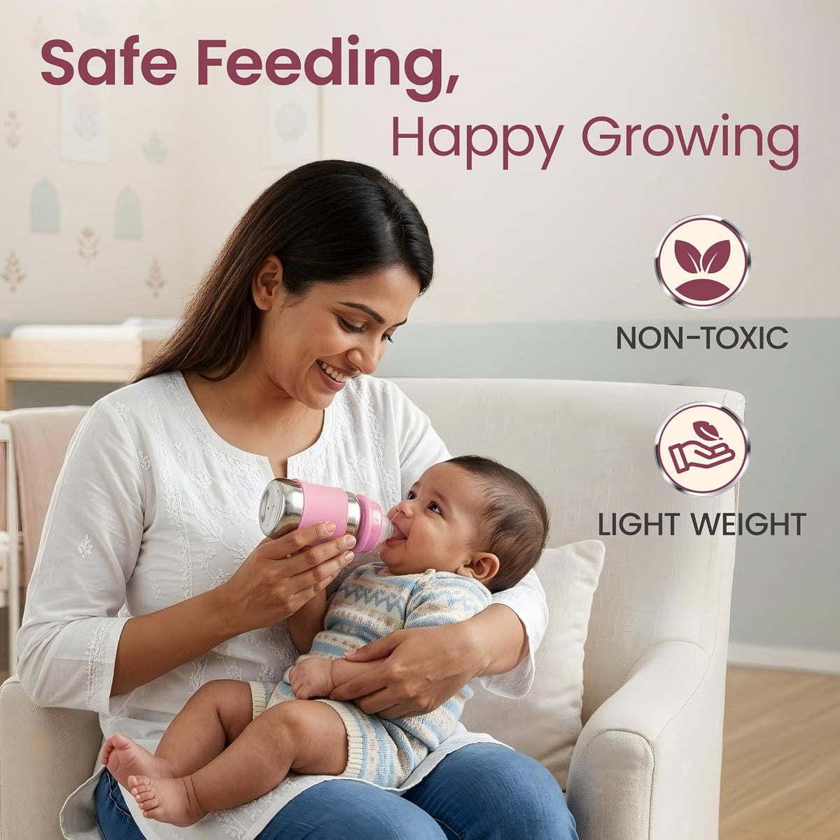 LuvLap Baby Steel Feeding Bottle 140ml, Made of SS304 Rust Free Steel, Baby Milk/Water Bottle with Dust Cover, Heat Protective Silicone Cover, BPA Free, Odour Free, Leak Proof, Pink, 0M+