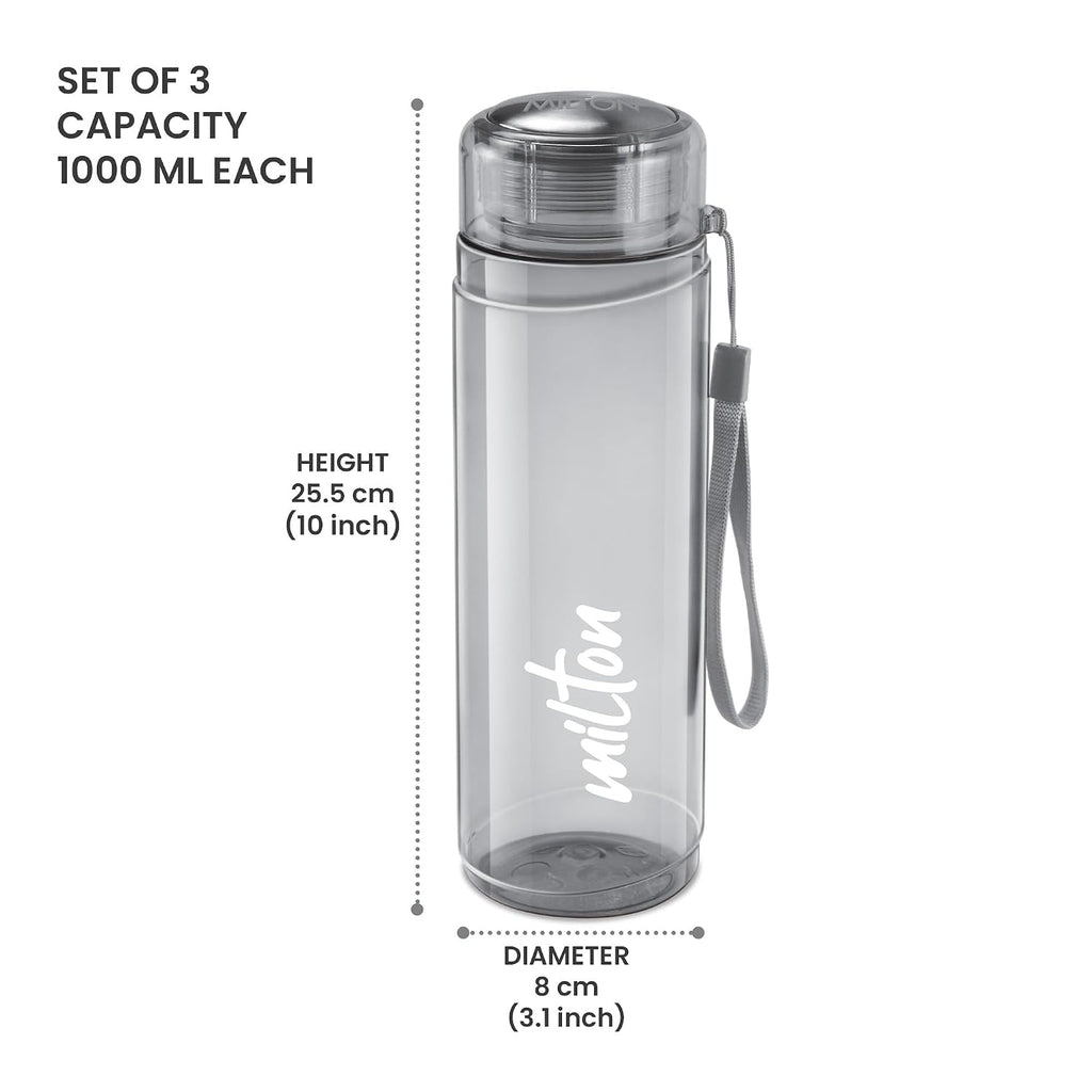 MILTON Hector 1000 Pet Water Bottle, Set of 3, 1 Litre Each, Grey, Reusable Plastic Fridge Bottle, BPA Free and Leak Proof Bottles for Travel, Work