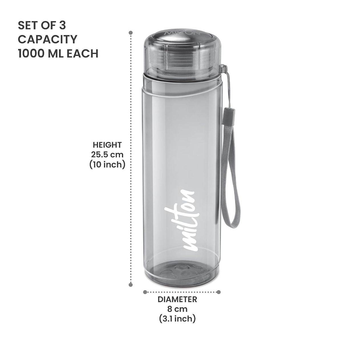 MILTON Hector 1000 Pet Water Bottle, Set of 3, 1 Litre Each, Grey, Reusable Plastic Fridge Bottle, BPA Free and Leak Proof Bottles for Travel, Work