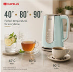 Havells CRAFT Kettle | OptiHeat Tech for Custom Temperature Setting | Real Time Temperature Display |12 Hour Keep Warm Function | Strix Controller for 5x Lifespan | 3x Safety Protection (Blue & Gold)
