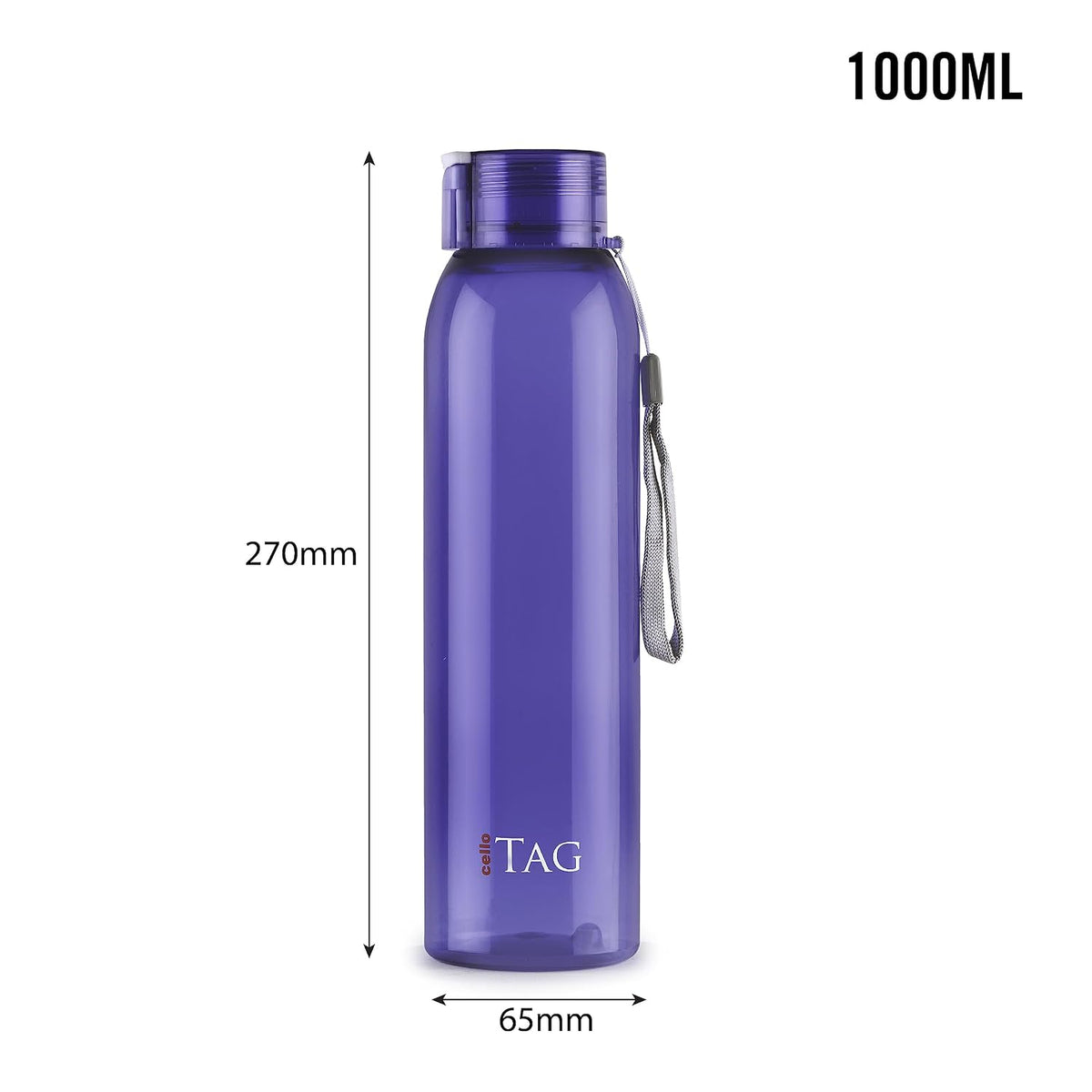 CELLO My Tag PET Water Bottle | 100% food grade | Leak proof and Break proof | Set of 3-1000ml | Violet
